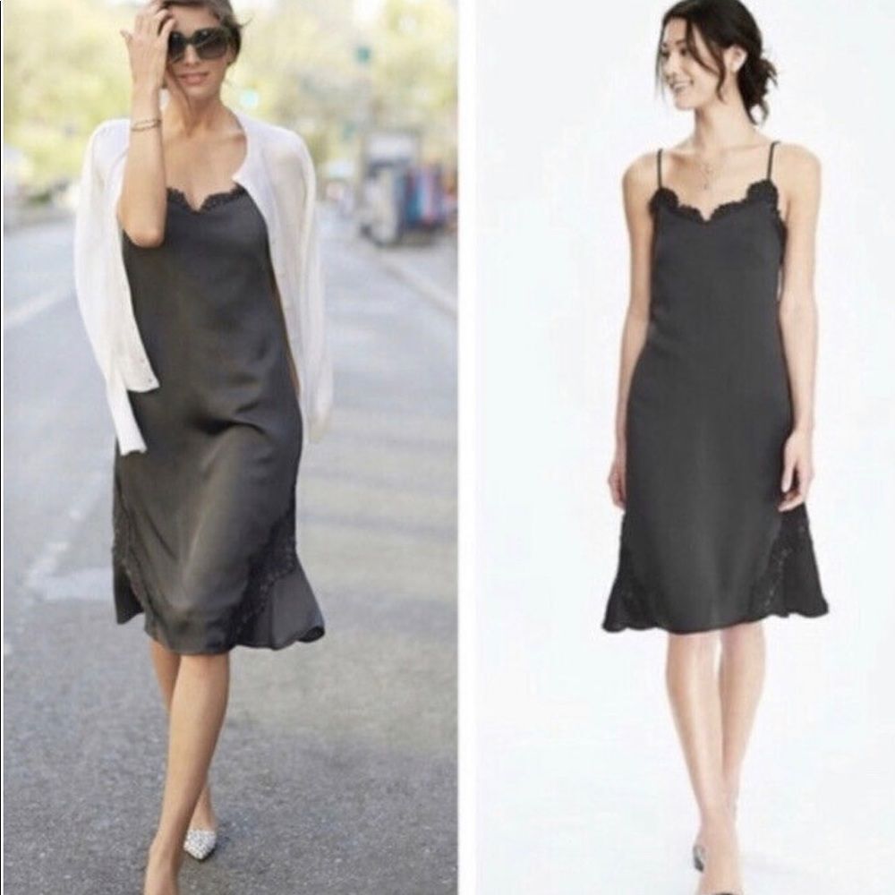 NEW Banana Republic Dark Grey Crepe Lace Trim V-Neck Slip Mini Dress S